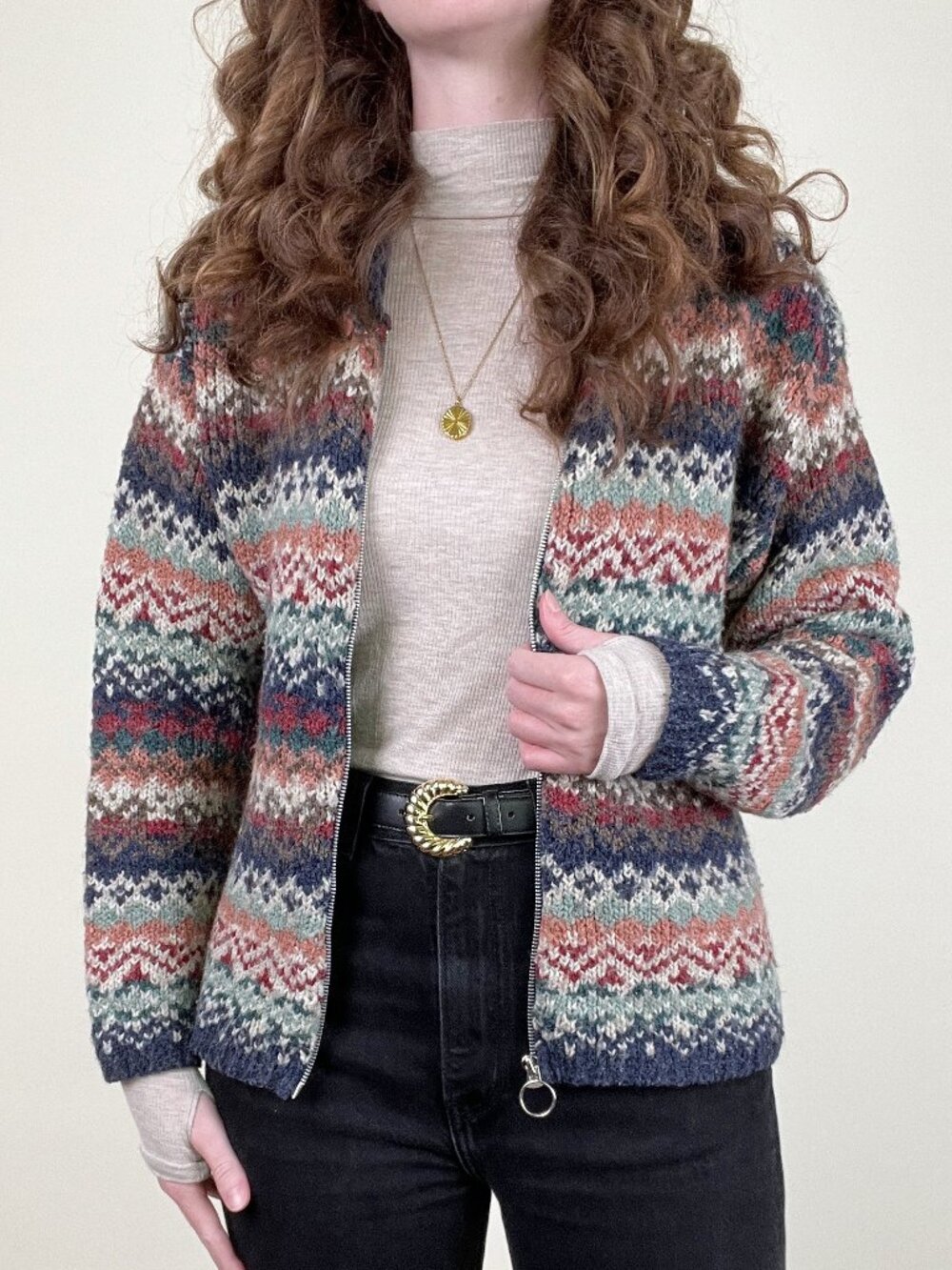 Vintage 90s Fair Isle Knit Cardigan Zip Up Jacket Coat Nordic Scandinavian 1990s